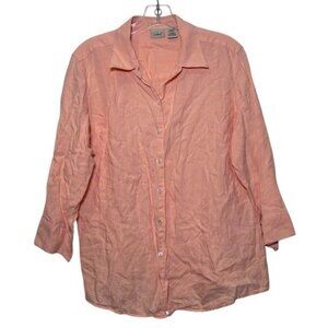 LL Bean Women's L 100% Linen Button Down Shirt L/S Peach Orange Vintage 0 DNH4